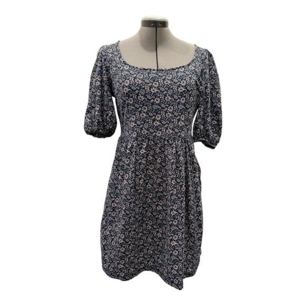Boden Floral Puff Sleeve Square Neck Floral Print Navy and Pink Mini Dress US6 - Picture 4 of 9